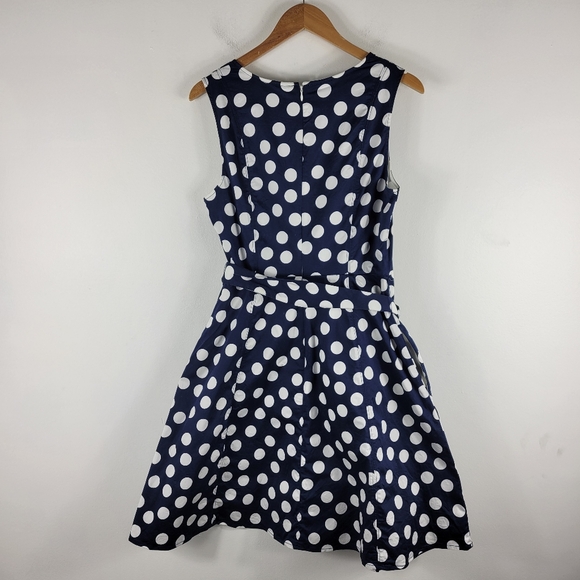 Boden Poplin Polka Dot Sleeveless Split Neck Belted Fit and Flare Midi Dress - Picture 9 of 14